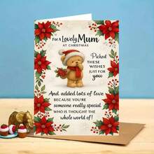 1pc Christmas Card For Mom - Cute Teddy Bear & Floral Wishes With Poinsettias & Holly, Heartfelt Message From Son Or Daughter, Special Gift For Mother - Red & Green Holiday Greeting Card With Golden Bow & Snowflakes, Sentimental Keepsake For Mum, Festive Bear Design With Red Poinsettias & Green Foliage, Perfect For Christmas Celebrations,