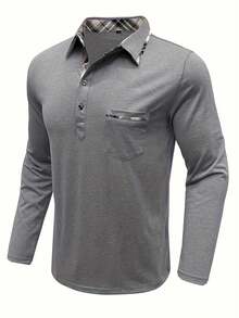 大码男式长袖格子拼布休闲口袋 Polo 衫 - 淺灰色 - 查看 5