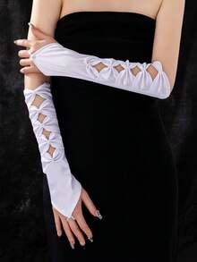 1 Pair White Pleated Mid-Length Gloves, Suitable For Weddings And Parties