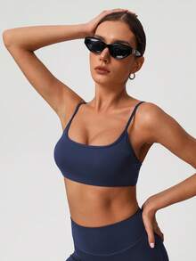 Sodalemon 女士健身露背直筒瑜伽训练运动文胸 - 藏蓝色 - 查看 5