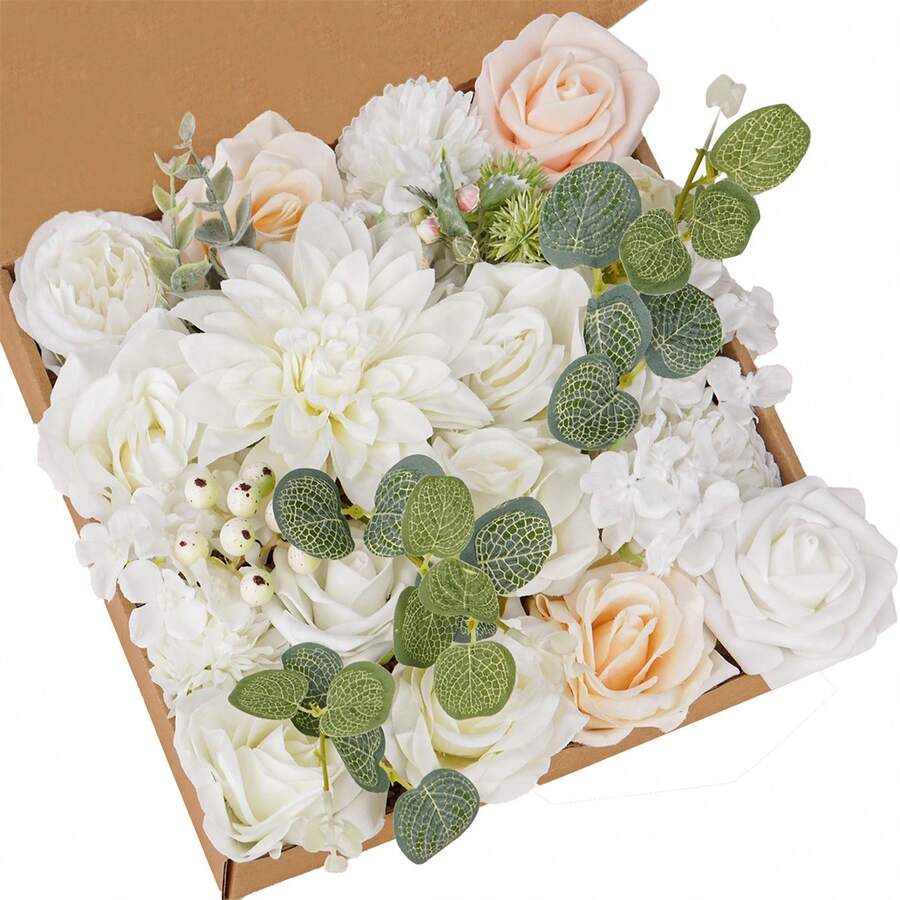 Artificial Roses Dahlia Flowers Box Set For DIY Bridal Wedding, Shower Decorations Fake Floral Arrangements, Table Centerpieces Home Indoor Decor, White Series - 白色系 - 查看 1
