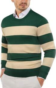Men's Crew Neck Sweater Slim Fit Lightweight Sweatshirts Knitted Pullover For Casual Or Dressy Wear - 綠色/杏色條紋 - 查看 8