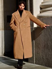 Mens Wool Blend Pea Coat Notched Collar Double Breasted Long Jacket Trench Coats Classic Winter Overcoat - 卡其色 - 查看 4