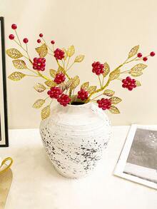 1pc/3pcs Metal Leaf Artificial Flower Handmade Beaded Faux Berry Realistic Plant Decor For Home, Desktop Decoration