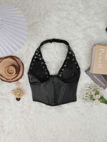 朋克风钩眼前孔眼粘合 PU 皮革露背紧身胸衣塑身衣吊带上衣 - 黑色 - 查看 6