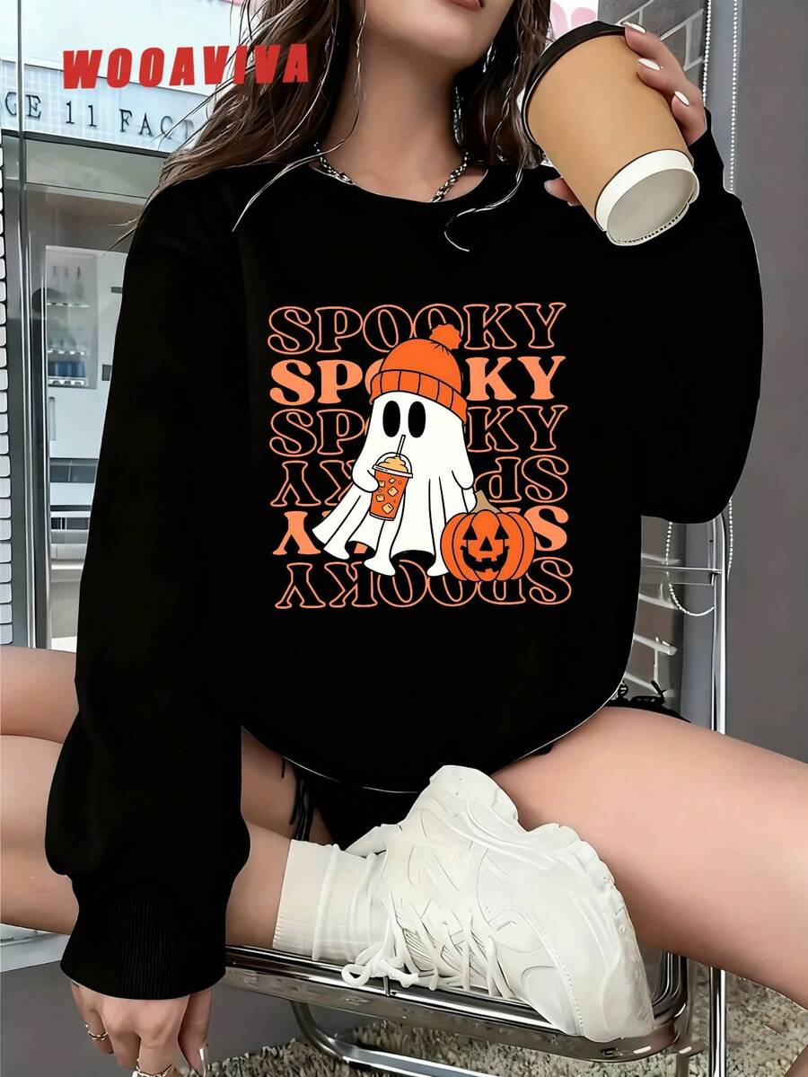 WOOAVIVA Plus Size Spring, Autumn and Winter Y2K Cleanfit Casual Fitted Halloween Ghost Pumpkin Print Casual Round Neck long Sleeve Women Hoodie, Suitable For Spring, Autumn and Winter seasons, Women Tops - Negro - Ver 1