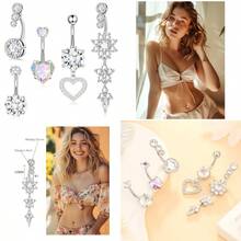 LYLYMIMI 5 Pieces Surgical Stainless Steel Dangle Belly Button Rings For Women Belly Ring Dangling Piercing Jewelry With Heart Flower Silver Tone 14G