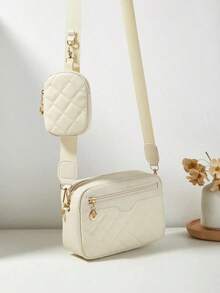 1 Pc Women's Small Square Shoulder & Crossbody Bag, Quilted Diamond Pattern Mini Handbag/Coin Purse - Beige - View 2