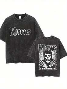 Washed Vintage Hardcore Punk Band Misfits Tshirt Horror Skeleton Graphic T-Shirt Men Women'S Fashion Casual Oversized T Shirts 004-AB - Black - View 1