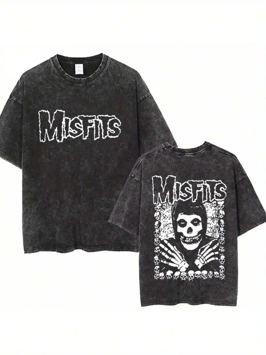 Washed Vintage Hardcore Punk Band Misfits Tshirt Horror Skeleton Graphic T-Shirt Men Women'S Fashion Casual Oversized T Shirts 004-AB - Black - View 1