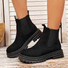 Women's Fashion New Solid Color Thick Sole Non-Slip Slip-On Ankle Boots, For Autumn/Winter - Black - View 10