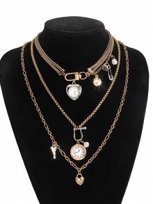 3pcs Set Wrist Watch Pendant Necklace, Double Layer Metal Chain Necklace With Contrast Color Pendant Charm, Suitable For Casual Wear And Gift, Multifunctional Accessory For All Seasons - Multicolor - View 13