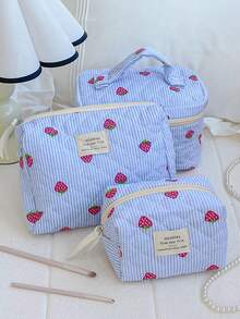 草莓印花化妆包套装，大容量化妆包，旅行洗漱包，可爱化妆包，收纳袋，带提手旅行洗漱包，多功能化妆品收纳包，情人节礼物，母亲节礼物，朋友礼物，返校节礼物，伴娘礼物