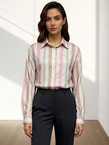 Camisa Elegante de Mulher JOVI SHEEN com Listras Arco-Íris de Dopamina, Camisa Casual de Mulher com Design Decotado nas Costas, Camisa de Mulher com Listras, Gola de Botão e Manga Longa, Camisa de Escritório para Mulher, Camisa Feminina Adequada para Férias de Outono