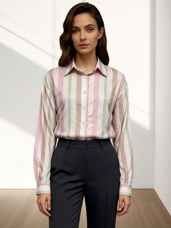 Camisa Elegante de Mulher JOVI SHEEN com Listras Arco-Íris de Dopamina, Camisa Casual de Mulher com Design Decotado nas Costas, Camisa de Mulher com Listras, Gola de Botão e Manga Longa, Camisa de Escritório para Mulher, Camisa Feminina Adequada para Férias de Outono