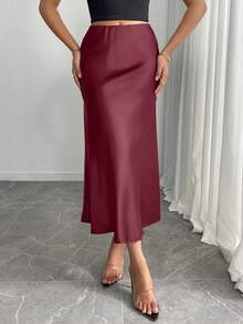 Mobula Sound 性感修身缎面美人鱼裙，面料光滑，适合派对、休闲、时尚、优雅的女装，飘逸裙 - 酒紅色 - 查看 2