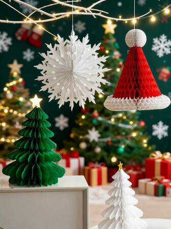 Christmas Party Decorations Paper Lanterns Honeycomb Santa Hat Tree Paper Fans For Christmas Birthday Party New Year Holiday Wall Home Decor Christmas Decorations Home Christmas Gifts Christmas Decor