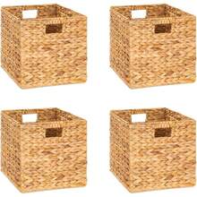 Water Hyacinth Storage Baskets, Collapsible Square Wicker Baskets Cube Storage Bins Set Of 2/4 - 棕色 - 查看 10