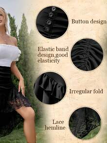 Gothic Black Lace Asymmetrical Midi Skirt For Women High Waist Drawstring Christmas Winter Wear - Black - View 6