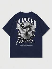 Camiseta de manga corta con estampado gráfico sencillo y versátil casual para hombres de K-GLORY - Azul Marino - Ver 4