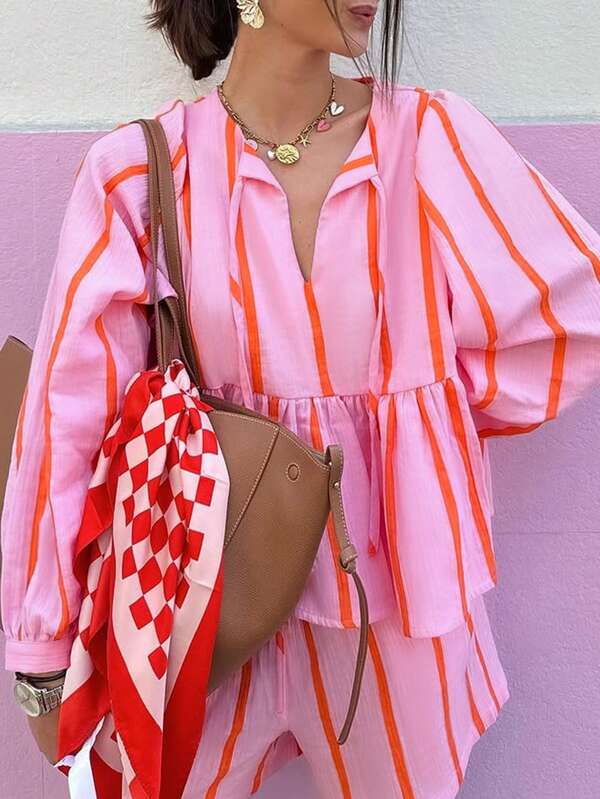 Blouse décontractée élégante à volants et rayures, convient pour la plage, les vacances et les voyages
