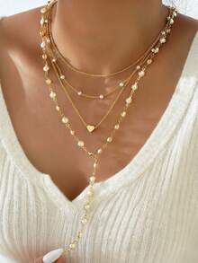 4pcs Elegant Luxurious Sexy Women Friendship Flower Gold Tone Cross Faux Pearl Necklace Set, Layered Long Necklaces For Daily, Party, Wedding Occasions