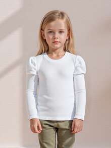 Toddler Baby Girl Ribbed Tops T-Shirt Solid Color Fly Long Sleeve Round Neck Shirts Casual Fall Clothes - 白色 - 查看 5