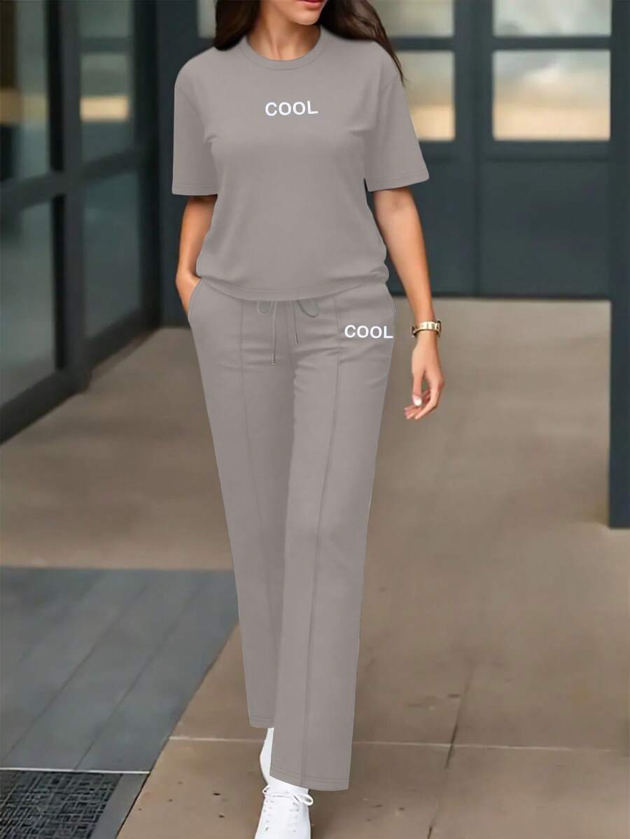 2pcs Women's Summer Set, Personalized Letter Print Round Neck Short Sleeve T-Shirt Paired With High Waist Drawstring Straight Leg Pants - Grey - View 1