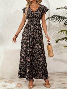 Women's A-Line Summer Dress, Ruffled Sleeves, V-Neck, Floral Print, Elastic Waist - 黑色 - 查看 9