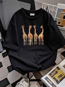 180g pure Cotton Womens Christmas Sweatshirt, Giraffe Christmas Shirt, Xmas Holiday Sweater, Christmas Gift, Animal Lover Christmas Tee, Cute Christmas Shirt women designer clothes Top For Everyday Wear Print Round Neck Short Sleeve Summer Comfortable fashion - Negro - Ver 2