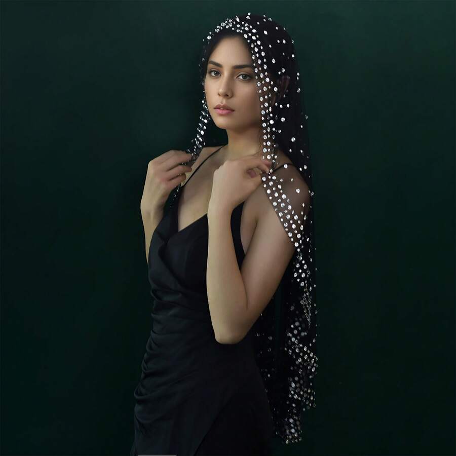 1 Pc  Black Comb-Free Bridal Veil With Rhinestones Inlaid With Sparkling Gothic Style Suitable For Halloween Theme Wedding   Us In Stock   Fast Delivery BM132 - 黑色 - 查看 1