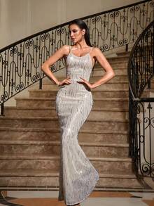 Women's High-Quality Elegant Solid Color Tassel Sequin Dress, Fashionable Minimalist Spaghetti Strap Backless Mermaid Hem Fitted Long Dress, Suitable For Banquet, Party, Festival, Evening, Wedding Guest, Autumn