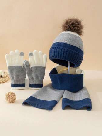 1 套 [针织帽 + 围巾 + 手套] - 1 顶男女童撞色保暖针织帽 + 1 条撞色针织围巾 + 1 双撞色针织手套 - 组合套装，适合青少年和儿童，秋冬季保暖，圣诞节、感恩节礼物，滑雪装备