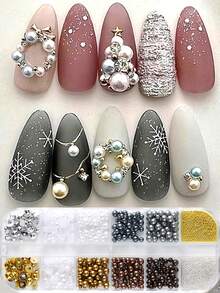 1 Box Autumn And Winter Color Nail Charm Brown White Gold Mixed Sizes Pearl Bead Mixed Steel Beads 3D Nail Gems Kawaii Cute Christmas Nail Art Decoration Nail Salon Accessories Nail Supplies DIY