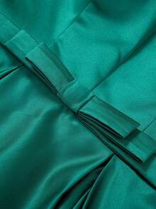 Magic Mia Women's Elegant Emerald Green Satin Evening Gown - Long Sleeve V-Neck Maxi Dress With Puff Sleeves & High Slit | Formal Wear For Wedding Guest, Prom And Special Occasions (2025 Design) - 綠色 - 查看 6