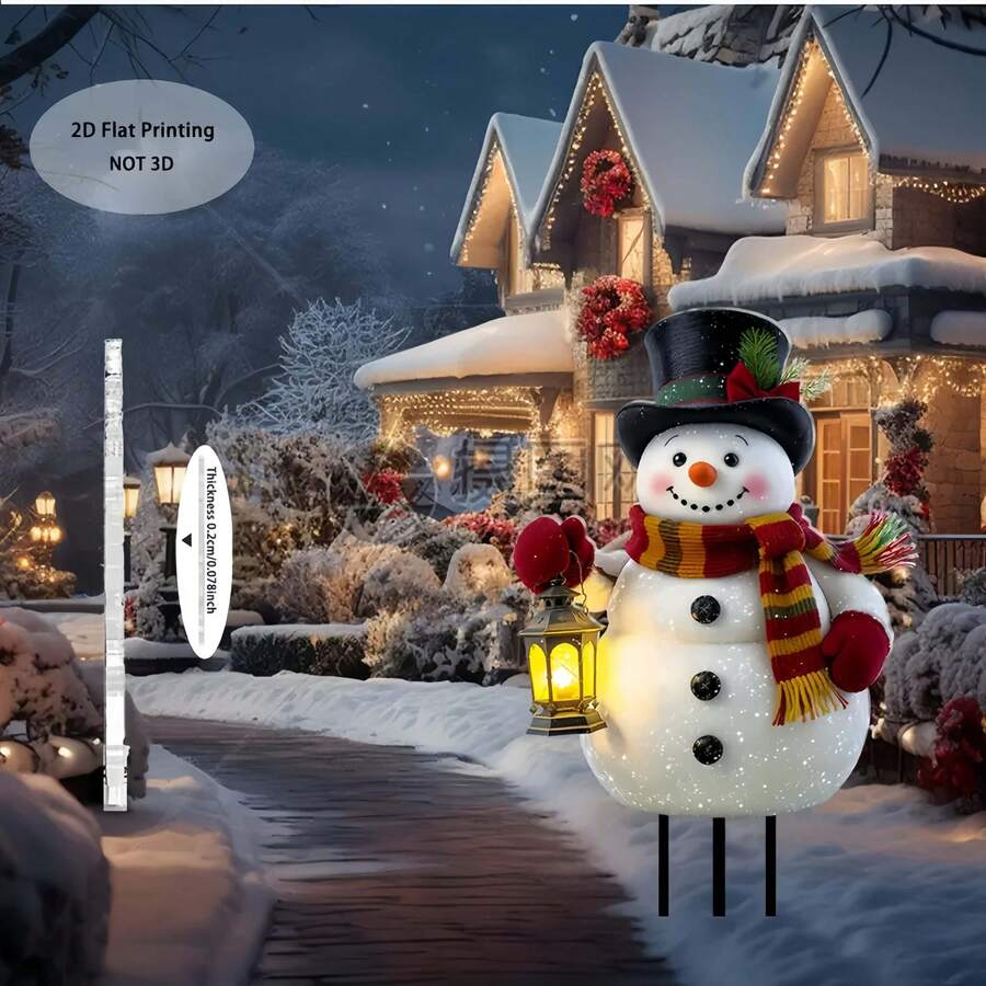 2D 平面，1 件 2D 平面雪人与雪树草坪装饰带照明灯笼 - 亚克力塑料户外庭院装饰，适合圣诞节、新年、感恩节 - 自立地面，搭配红色/白色/灰色冬季服装和高顶礼帽 - 易于组装，无需电力 - 适合前门、花园或冬季仙境展示的完美礼物，2D 平面，大型圣诞装饰，圣诞家居装饰，圣诞庭院装饰 - 彩色 - 查看 1