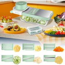 Picadora de Verduras, Cortador de Verduras Multifuncional 6 en 1 con 6 Cuchillas Acero Inoxidable - Mandolina para Cocina con Contenedor, para Frutas y Ensaladas - Azul cian - Ver 3