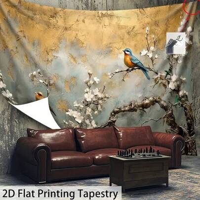 1pc Plum Blossom & Bird Pattern Home Room Party Decor Backdrop, Suitable For Bedroom, Living Room, Study, Home Decor, Comes With Installation Kit