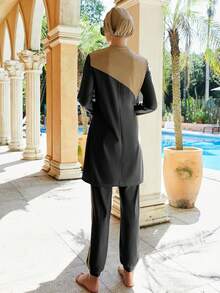 VFJ Female Muslim Swimsuit, Islamic Dignified Swimsuit 3 Pieces Set, Gray And Pink Patchwork Full Set, Headscarf, Long Sleeved Burkini Dress+Pants - Khaki - View 4