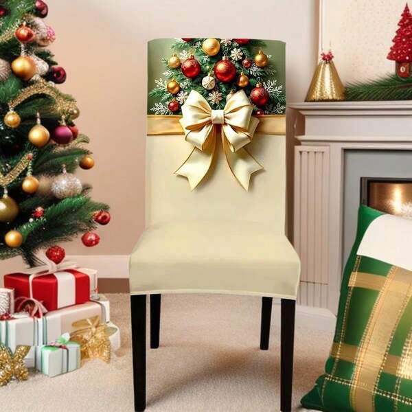 1 pieza Lazo con tema navideño, Funda de silla con estampado de árbol de Navidad, Juego de fundas de silla removibles y lavables, Funda protectora elástica y suave, Adecuada para ambiente navideño en comedor, cocina, salón de banquetes, comedor, dormitorio, oficina, sala de estar, decoración del hogar en vacaciones