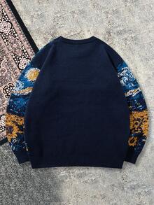 Men's Casual Loose Vintage Knit Sweater With Van Gogh Sunflower & Starry Sky Painting Inspired Pattern, Retro Style, Long Sleeve Crew Neck, Suitable For Autumn And Winter - Màu xanh hải quân - Xem 3