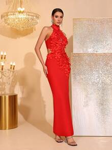 全新时尚 3D 花卉性感立领无袖镂空露背高开衩绷带连衣裙，优雅女士正式晚礼服，适合婚礼、派对、节日 - 紅色 - 查看 5