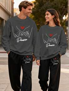 (2PC)VTUTOK Couple's Unisex Men's Printed Round Neck Sports Shirt And Pants Set, Street Style Long Sleeved Sports Shirt Top+Drawstring Waist Sports Pants Casual Set, Autumn And Winter Round Neck Sweatshirt And Pants Set,Hold Your Hand - 女士-深灰色 - 查看 1