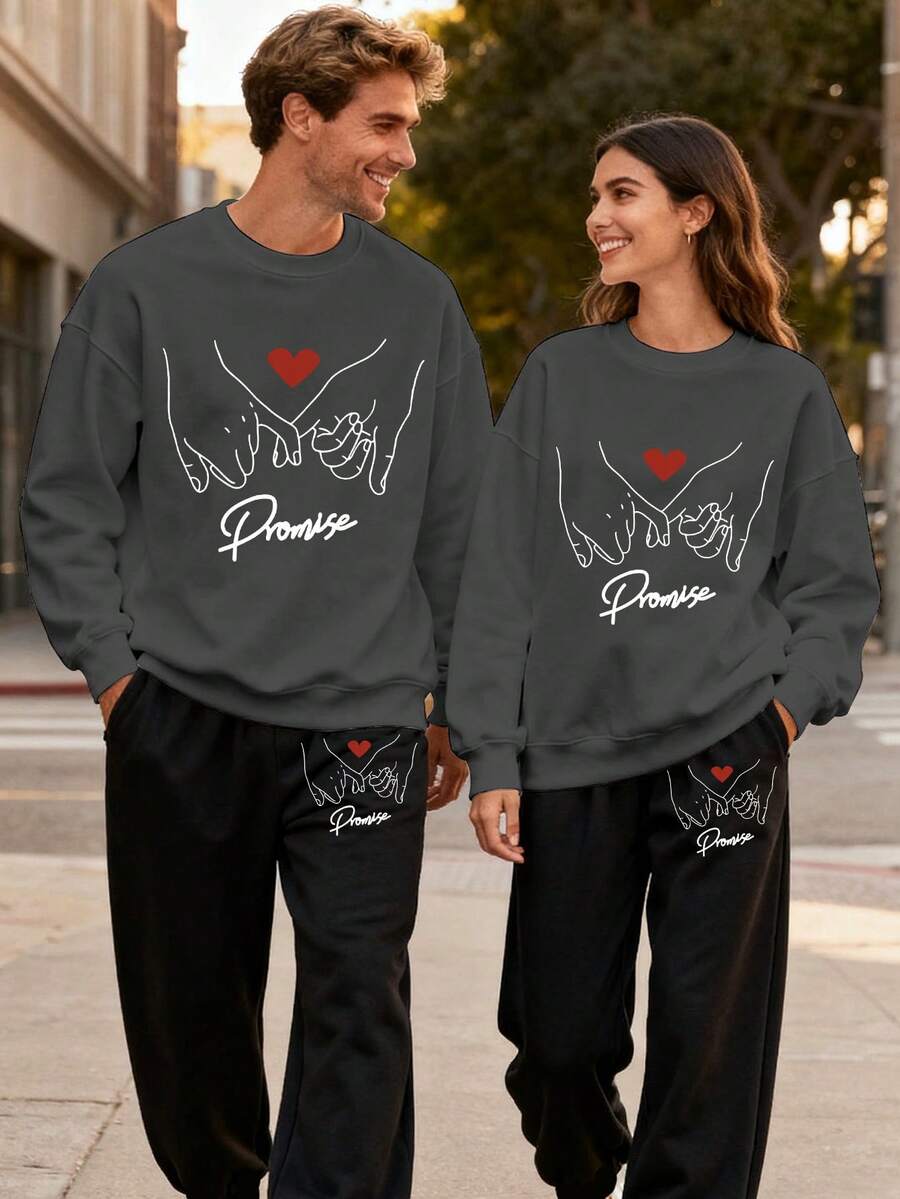 (2PC)VTUTOK Couple's Unisex Men's Printed Round Neck Sports Shirt And Pants Set, Street Style Long Sleeved Sports Shirt Top+Drawstring Waist Sports Pants Casual Set, Autumn And Winter Round Neck Sweatshirt And Pants Set,Hold Your Hand - 女士-深灰色 - 查看 1