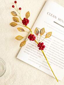 1pc/3pcs Metal Leaf Artificial Flower Handmade Beaded Faux Berry Realistic Plant Decor For Home, Desktop Decoration