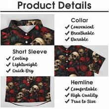 Men's Hawaiian Shirt Short Sleeve Button Down Beach Shirt Quick Dry Clothes Breathable Casual Summer Tops Dress Shirthalloween - 骷髏花玫瑰 - 查看 4