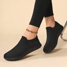 Women Knit Slip-On Sock Sneakers Lightweight Casual Walking Shoes - Black - View 11