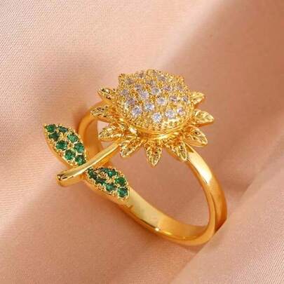 New Sunflower Anxiety Ring, Women Spinning Fidget Ring, Cute Luxury Sparkling, Anti-Stress Rotating Gift, Sister Birthday/ Holiday Gift