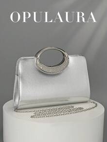 OpulAura 女士时尚闪亮水晶水钻晚装手拿包，闪亮奢华钻石镶嵌礼服包，适合晚会、派对、生日、婚礼作为新娘手拿包 - 銀色 - 查看 1