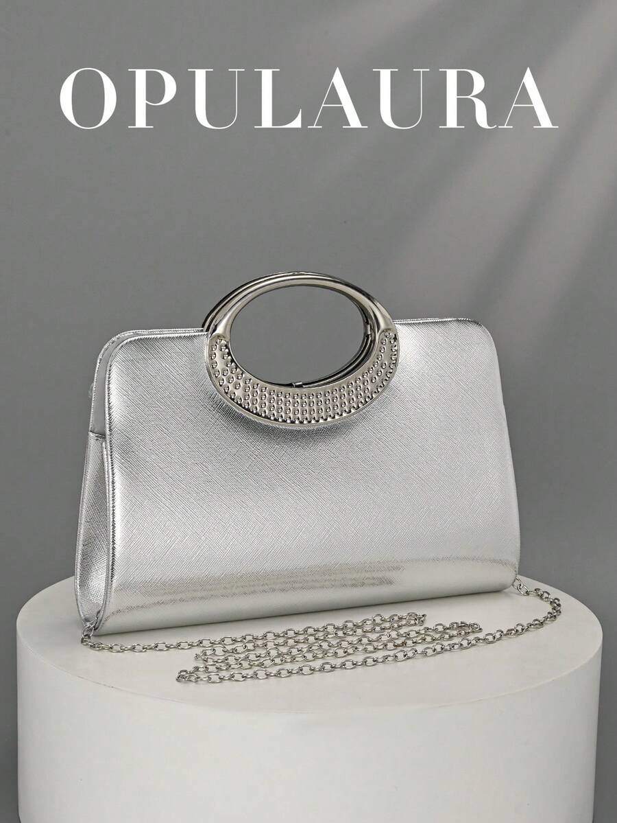 OpulAura 女士时尚闪亮水晶水钻晚装手拿包，闪亮奢华钻石镶嵌礼服包，适合晚会、派对、生日、婚礼作为新娘手拿包 - 銀色 - 查看 1